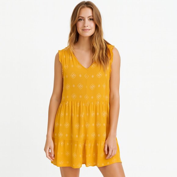 Ivy Tiered Ruffle Dress L Yellow Patterned Sleeveless Flowy Lightweight Summer - Picture 1 of 15